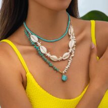 Beach Style 3pcs Turquoise Charm Conch Starfish Seed Beaded Chain Necklace Set - ArtGalleryZen