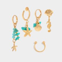 Beach Style 5 Pcs Dangling Turquoise Shell Starfish Seahorse Huggie Hoop Earrings Set - ArtGalleryZen