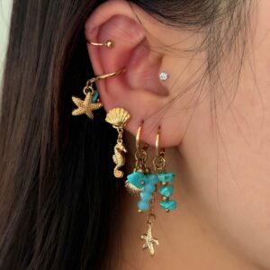 Beach Style 5 Pcs Dangling Turquoise Shell Starfish Seahorse Huggie Hoop Earrings Set - ArtGalleryZen