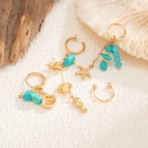 Beach Style 5 Pcs Dangling Turquoise Shell Starfish Seahorse Huggie Hoop Earrings Set - ArtGalleryZen