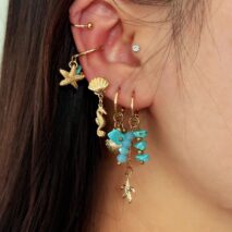Beach Style 5 Pcs Dangling Turquoise Shell Starfish Seahorse Huggie Hoop Earrings Set - ArtGalleryZen