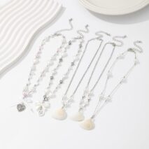 Beach Style 5pcs Natural Shell Bowknot Heart Pendant Pearl Chain Necklace Set - ArtGalleryZen