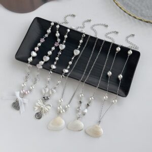 Beach Style 5pcs Natural Shell Bowknot Heart Pendant Pearl Chain Necklace Set - ArtGalleryZen