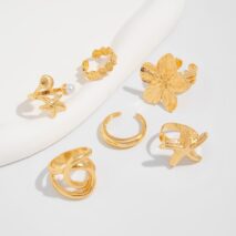 Beach Style 6pcs Flower Starfish Shell Pearl Ring Set - ArtGalleryZen
