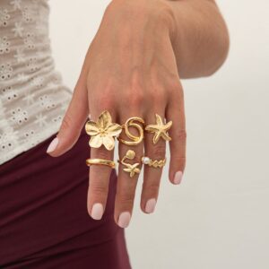 Beach Style 6pcs Flower Starfish Shell Pearl Ring Set - ArtGalleryZen