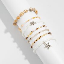 Beach Style 7pcs Starfish Charm Conch Seed Beaded Anklet Set - ArtGalleryZen