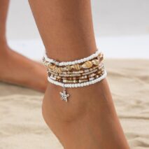 Beach Style 7pcs Starfish Charm Conch Seed Beaded Anklet Set - ArtGalleryZen