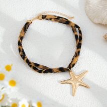 Beach Style Conch Starfish Flower Pendant Leopard Choker Necklace - ArtGalleryZen