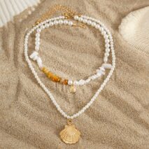 Beach Style Layered Shell Pendant Turquoise Stone Pearl Chain Necklace Set - ArtGalleryZen