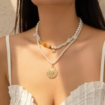 Beach Style Layered Shell Pendant Turquoise Stone Pearl Chain Necklace Set - ArtGalleryZen