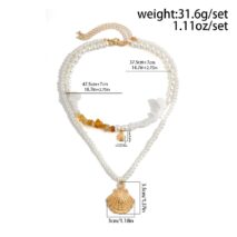 Beach Style Layered Shell Pendant Turquoise Stone Pearl Chain Necklace Set - ArtGalleryZen