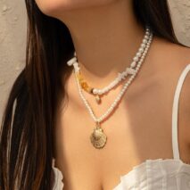 Beach Style Layered Shell Pendant Turquoise Stone Pearl Chain Necklace Set - ArtGalleryZen