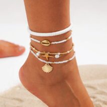 Beach Style Layered Shell Starfish Charm Seed Bead Anklet Set - ArtGalleryZen