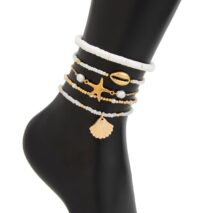 Beach Style Layered Shell Starfish Charm Seed Bead Anklet Set - ArtGalleryZen