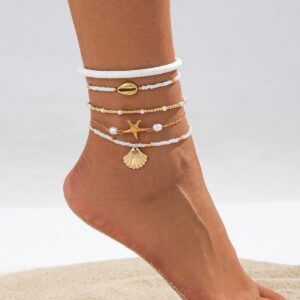 Beach Style Layered Shell Starfish Charm Seed Bead Anklet Set - ArtGalleryZen