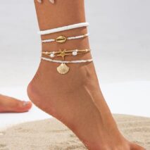 Beach Style Layered Shell Starfish Charm Seed Bead Anklet Set - ArtGalleryZen