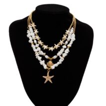 Beach Style Layered Shell Starfish Pendant Turquoise Stone Chain Necklace Set - ArtGalleryZen