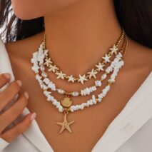 Beach Style Layered Shell Starfish Pendant Turquoise Stone Chain Necklace Set - ArtGalleryZen