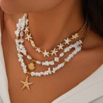 Beach Style Layered Shell Starfish Pendant Turquoise Stone Chain Necklace Set - ArtGalleryZen