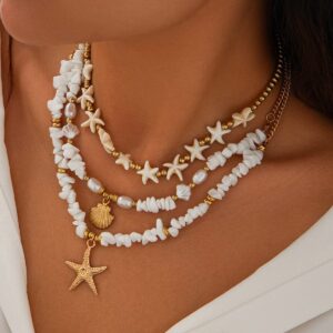 Beach Style Layered Shell Starfish Pendant Turquoise Stone Chain Necklace Set - ArtGalleryZen