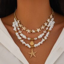Beach Style Layered Shell Starfish Pendant Turquoise Stone Chain Necklace Set - ArtGalleryZen