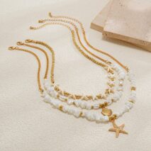 Beach Style Layered Shell Starfish Pendant Turquoise Stone Chain Necklace Set - ArtGalleryZen