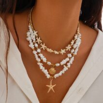 Beach Style Layered Shell Starfish Pendant Turquoise Stone Chain Necklace Set - ArtGalleryZen
