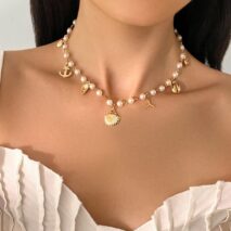 Beach Style Mermaid Tail Conch Shell Pendant Pearl Chain Necklace - ArtGalleryZen