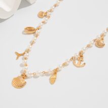Beach Style Mermaid Tail Conch Shell Pendant Pearl Chain Necklace - ArtGalleryZen