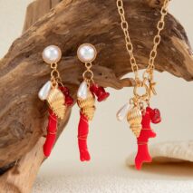 Beach Style Red Coral Conch Pendant Necklace Earrings Set - ArtGalleryZen