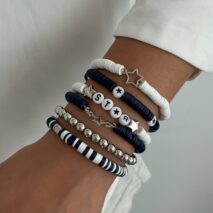 Black White Polymer Clay Beaded Bracelet Set Star Letter Charm - ArtGalleryZen