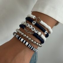 Black White Polymer Clay Beaded Bracelet Set Star Letter Charm - ArtGalleryZen