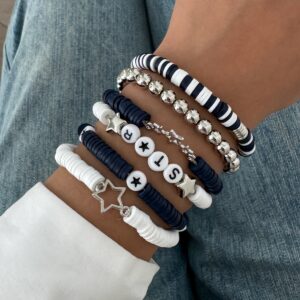 Black White Polymer Clay Beaded Bracelet Set Star Letter Charm - ArtGalleryZen