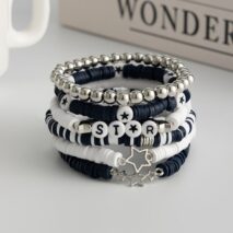 Black White Polymer Clay Beaded Bracelet Set Star Letter Charm - ArtGalleryZen