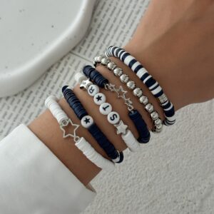 Black White Polymer Clay Beaded Bracelet Set Star Letter Charm - ArtGalleryZen