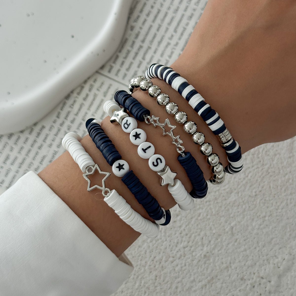 Black White Polymer Clay Beaded Bracelet Set Star Letter Charm - ArtGalleryZen
