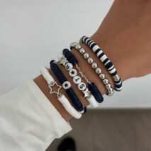 Black White Polymer Clay Beaded Bracelet Set Star Letter Charm - ArtGalleryZen