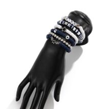 Black White Polymer Clay Beaded Bracelet Set Star Letter Charm - ArtGalleryZen