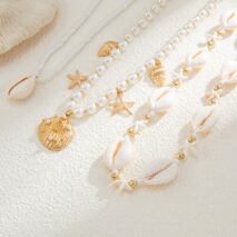 Bohemia 2pcs Conch Shell Starfish Charm Pearl Seed Beaded Waist Chain Set - ArtGalleryZen