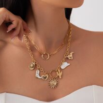Bohemia 2pcs Gold Tone Sun Enamel Boot Cowboy Hat Charm Necklace Set - ArtGalleryZen