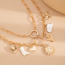 Bohemia 2pcs Gold Tone Sun Enamel Boot Cowboy Hat Charm Necklace Set - ArtGalleryZen