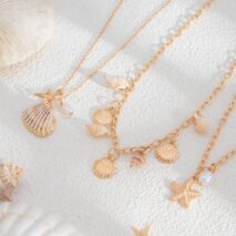 Bohemia 3pcs Conch Shell Starfish Pearl Pendant Necklace Set - ArtGalleryZen