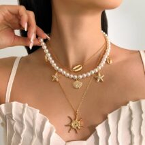 Bohemia 3pcs Conch Shell Starfish Pendant Pearl Chain Necklace Set - ArtGalleryZen