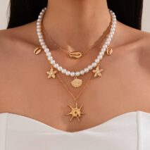 Bohemia 3pcs Conch Shell Starfish Pendant Pearl Chain Necklace Set - ArtGalleryZen