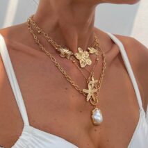 Bohemia 4pcs Irregular Pearl Flower Starfish Pendant Necklace Set - ArtGalleryZen