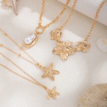 Bohemia 4pcs Irregular Pearl Flower Starfish Pendant Necklace Set - ArtGalleryZen