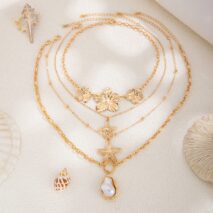 Bohemia 4pcs Irregular Pearl Flower Starfish Pendant Necklace Set - ArtGalleryZen