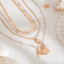 Bohemia 4pcs Shell Starfish Charm Pearl Snake Chain Necklace Set - ArtGalleryZen