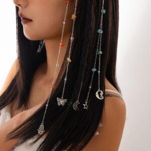 Bohemia 5pcs Moon Star Butterfly Charm Long Crystal Stone Chain Hair Braids Ring Set - ArtGalleryZen