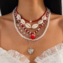 Bohemia 6pcs Strawberry Heart Pendant Pearl Conch Seed Bead Chain Necklace Set - ArtGalleryZen